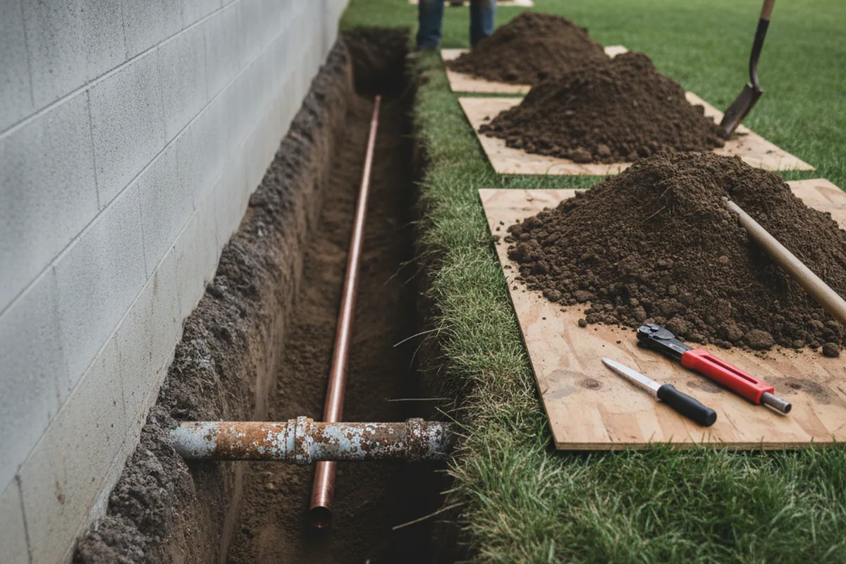 Excavated water line trench during Sewer Line Repair in Calhan